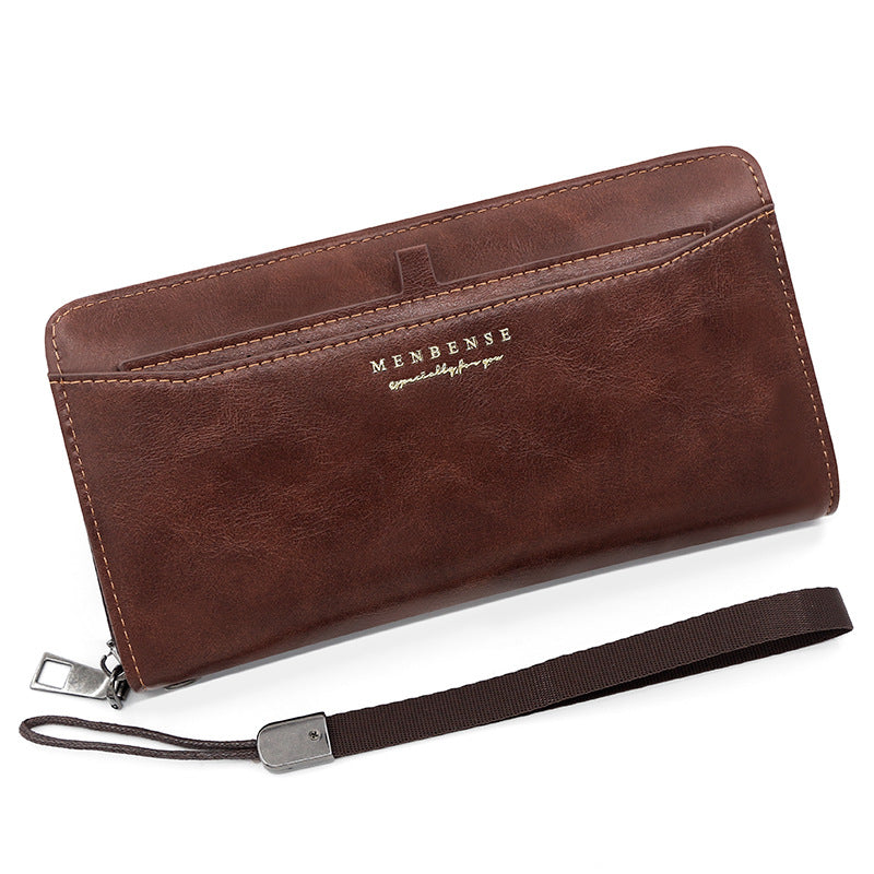 Brown 2PCS Men's Premium Long Wallet - Business PU Leather Zip Around Card Holder with Multiple Slots & Pull-Tab Design