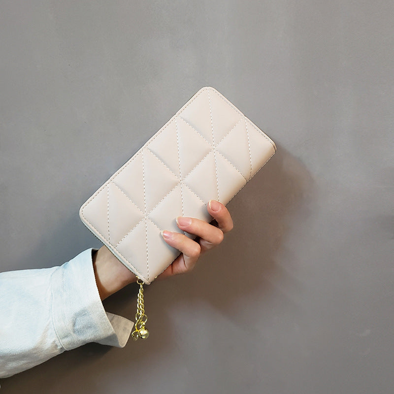 Beige-Triangle Women's Classic Quilted Long Wallet - Premium Diamond Stitch Zip Around Card Holder with Multiple Compartments