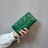 Green-Triangle Women's Classic Quilted Long Wallet - Premium Diamond Stitch Zip Around Card Holder with Multiple Compartments