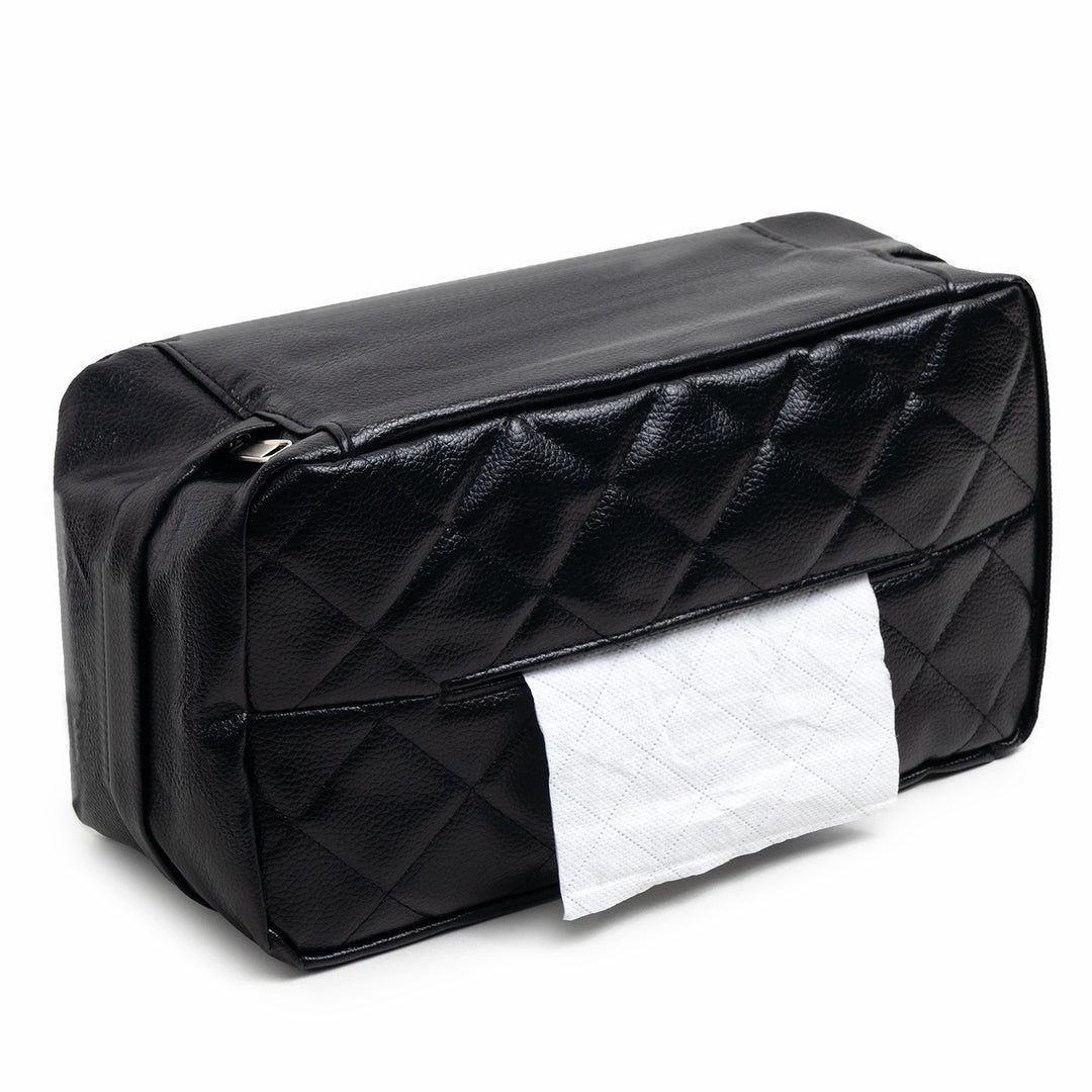 Black 2-Pack Car Tissue Box Holder Set - Universal Sun Visor & Seat Back PU Leather Organizer
