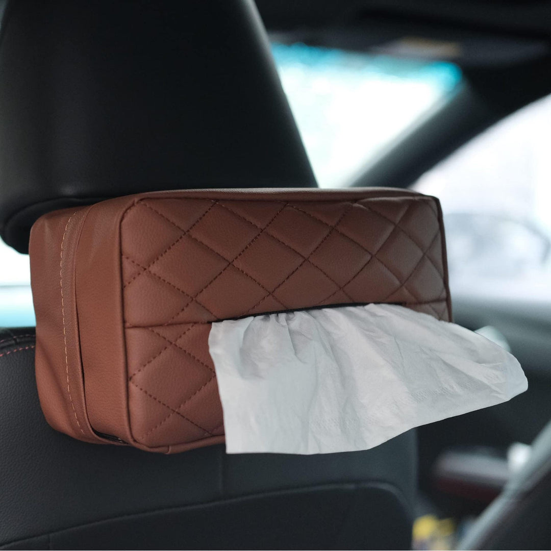 Brown 2-Pack Car Tissue Box Holder Set - Universal Sun Visor & Seat Back PU Leather Organizer