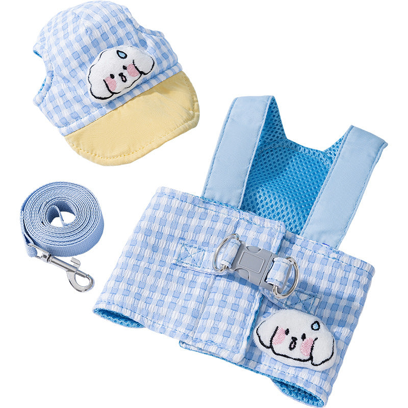 M Blue Pet Sun Hat with Adjustable Strap + Leash & Harness 3-Piece Set - Breathable Summer Cap for Dogs & Cats with Ear Holes