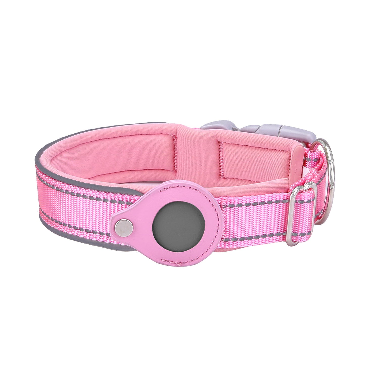 L Pink Secure Nylon Dog Collar with Built-in Apple AirTag (not included) Holder Case - Pet Tracker Accessory