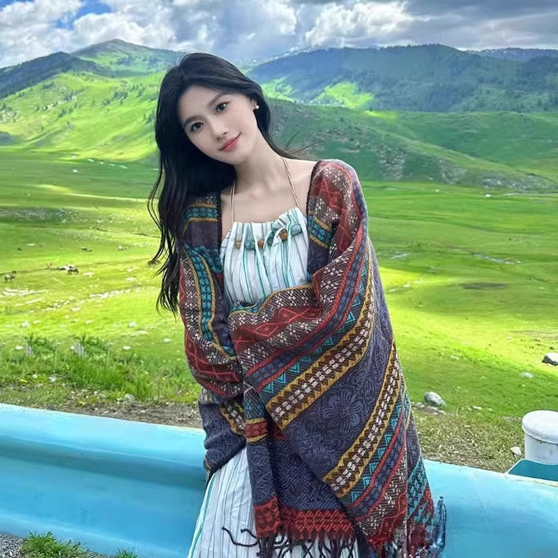 Blue Elegant Jacquard Knit Shawl Wrap - Versatile Oversized Scarf (150cm x 130cm)