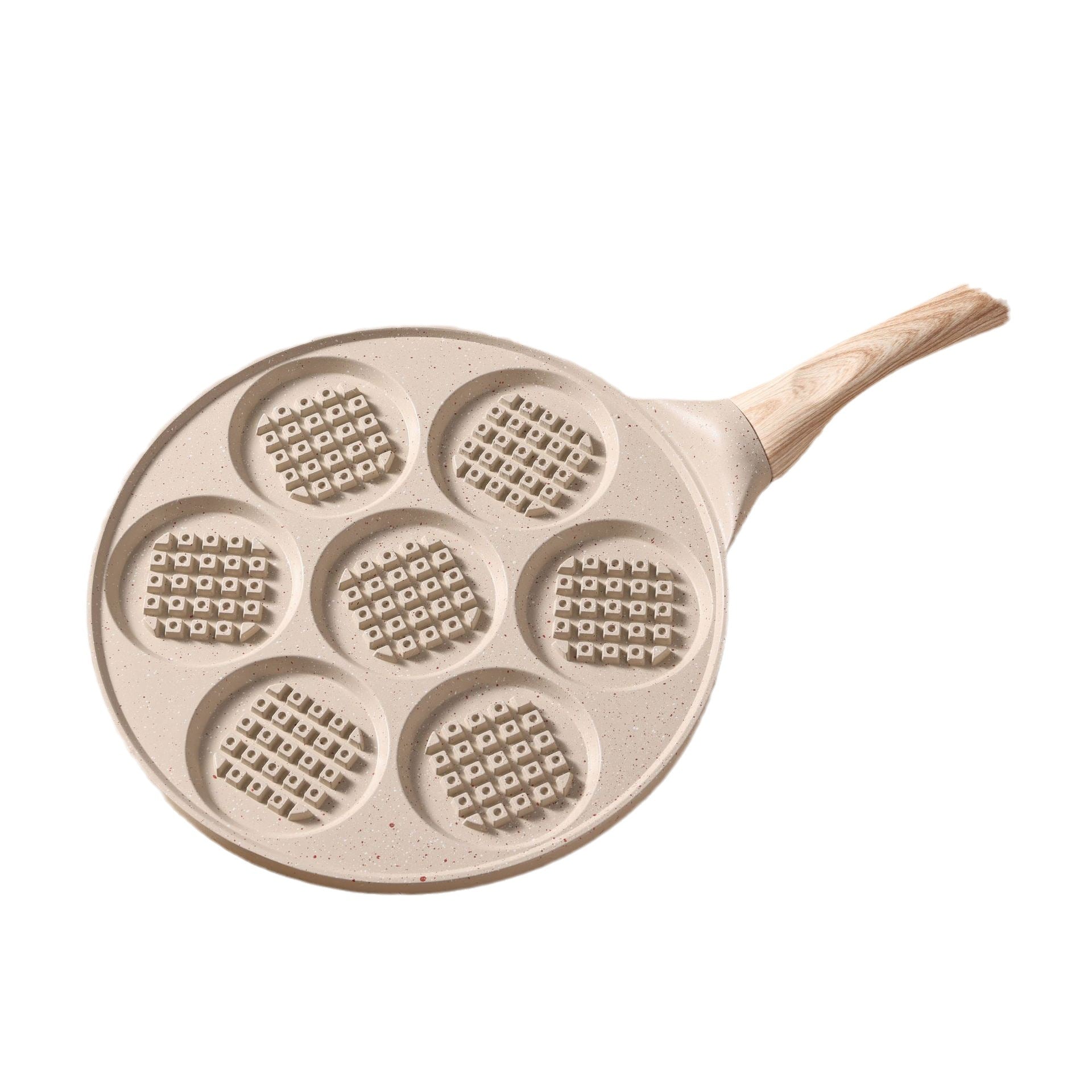 Beige Waffle + Wood Grain Handle (Gas Model) Non-Stick Pancake Pan - 7-Hole Fun Shapes Breakfast Griddle (27cm)