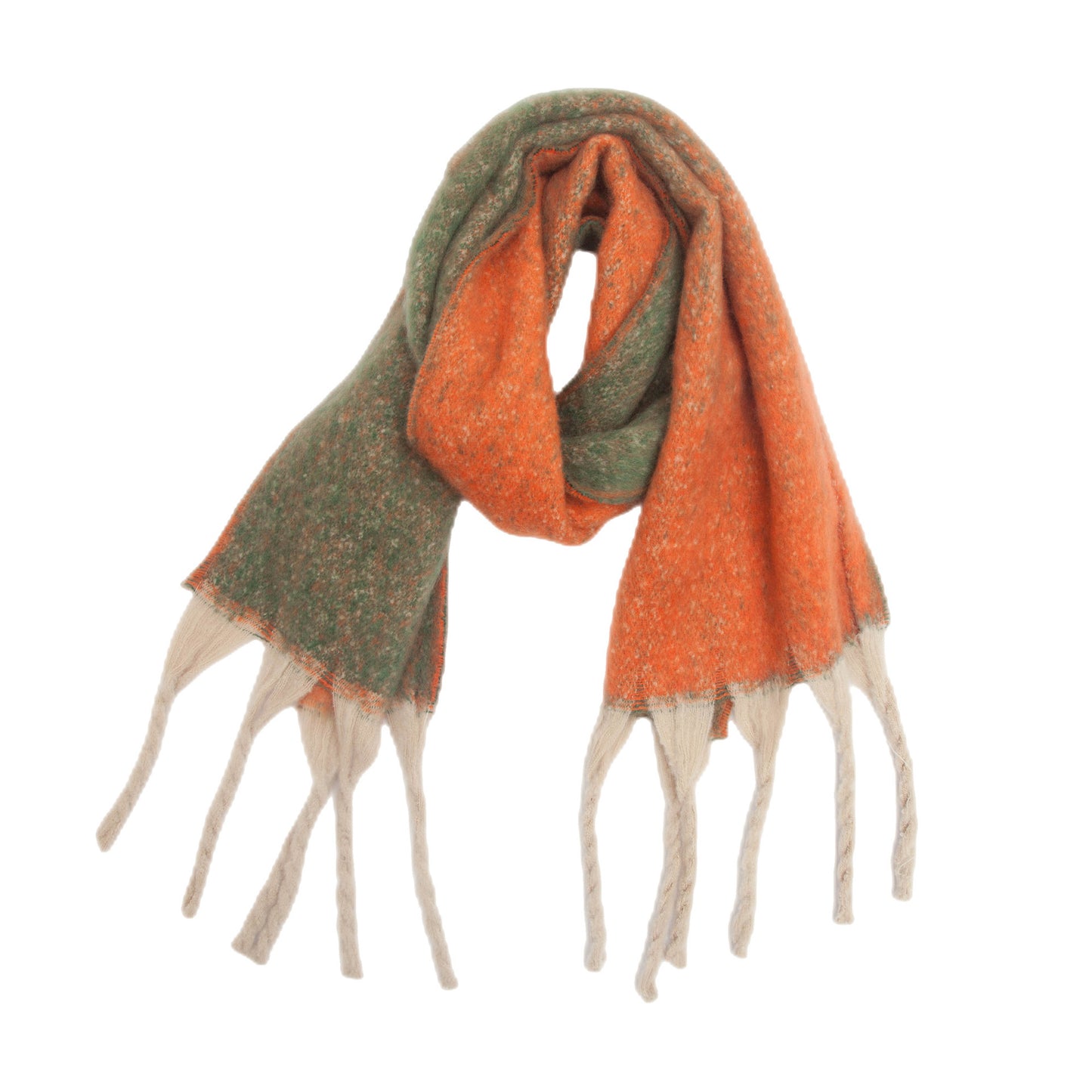 Orange Plush Gradient Winter Scarf Shawl - Thick Textured Circle Yarn with Chunky Tassels - 185cm x 40cm