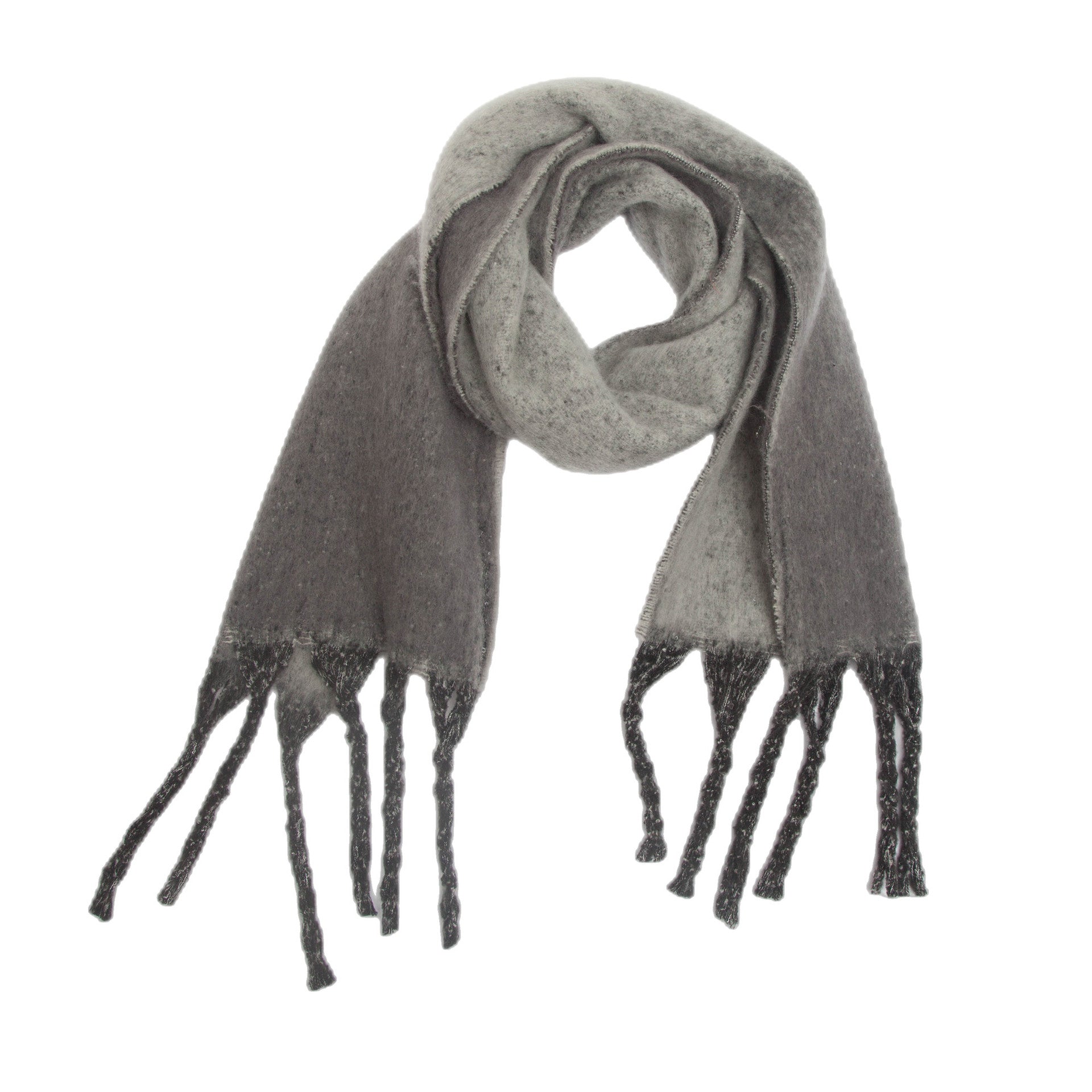 Grey Plush Gradient Winter Scarf Shawl - Thick Textured Circle Yarn with Chunky Tassels - 185cm x 40cm