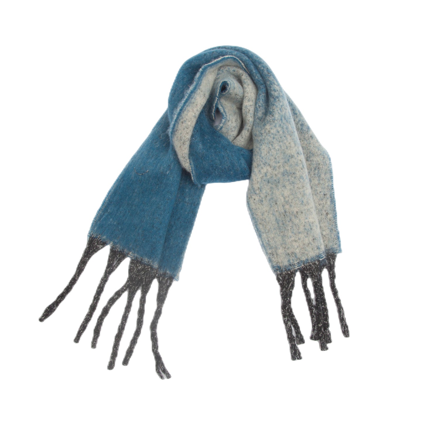 Blue Plush Gradient Winter Scarf Shawl - Thick Textured Circle Yarn with Chunky Tassels - 185cm x 40cm