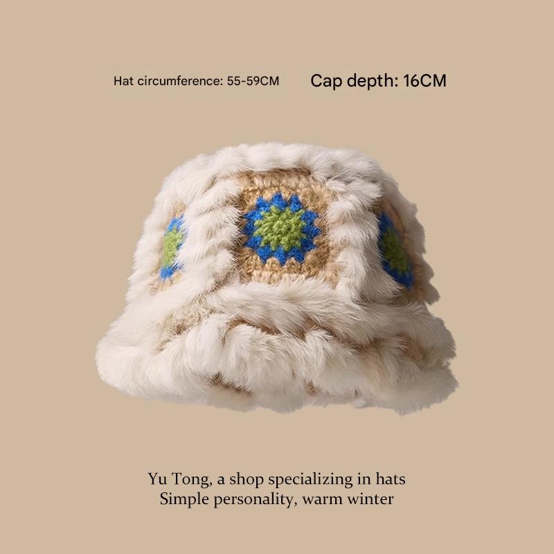 Plush Floral Bucket Hat,Warm Crocheted Winter Hat in Beige-Hat circumference: 56-60cm