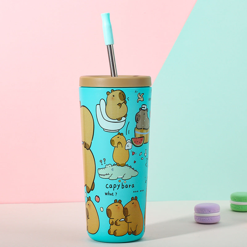 304 Stainless Steel Insulated Tumbler,Cartoon Design Portable Straw Cup for Home and Office(Lake blue)