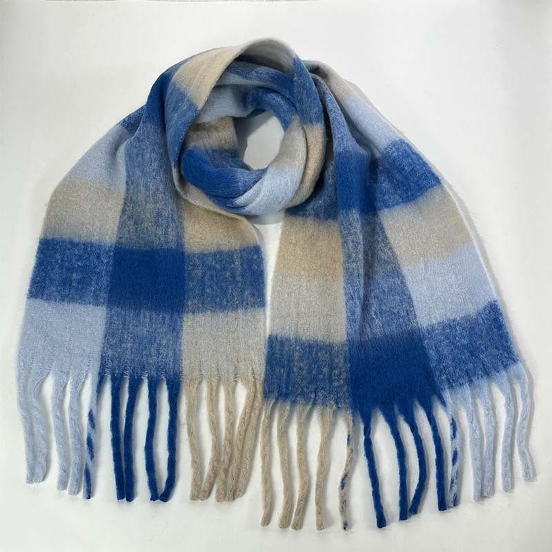 Winter Luxe Warm Oversized Scarf-Cozy Thick Plaid Wrap, European Chic Style(Dark blue plaid)