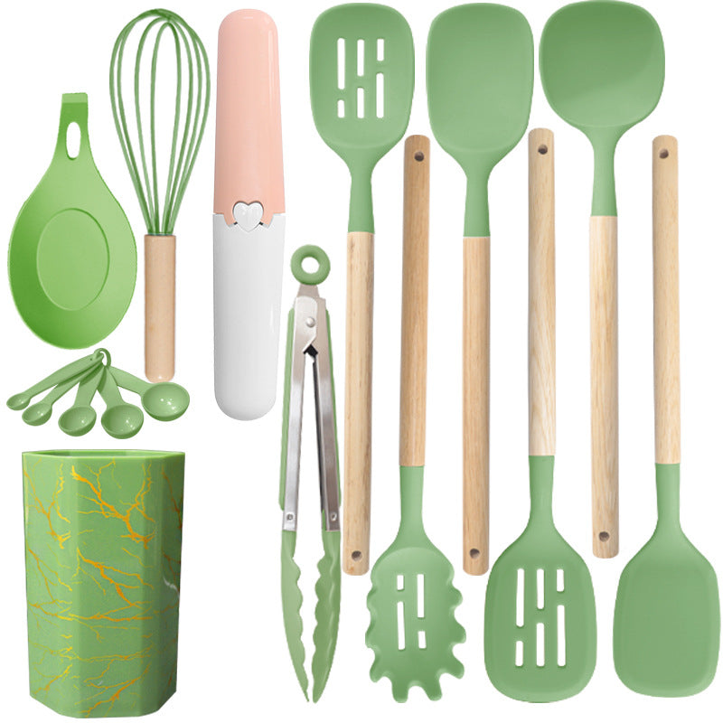 Bamboo Leaf Green 12-Piece Silicone Cooking Utensil Set - Non-Stick Food-Grade Kitchen Tools with Holder