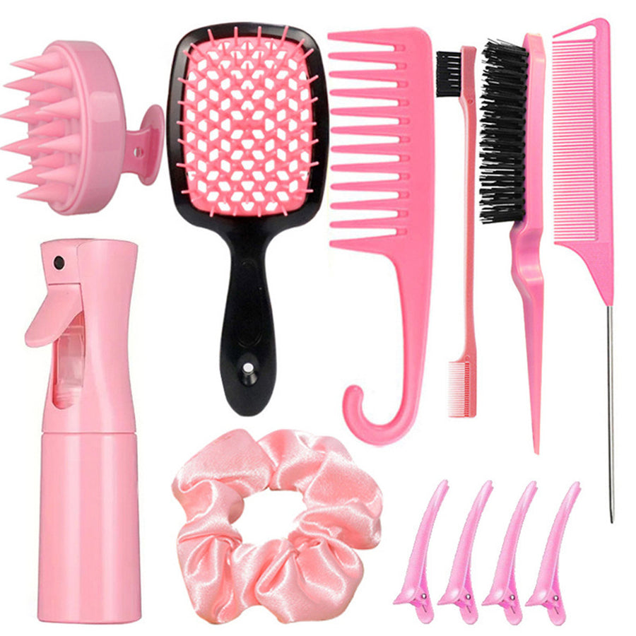 Complete Hair Styling Kit with Detangling Brushes, Combs, Spray Bottle, and Accessories(pink)
