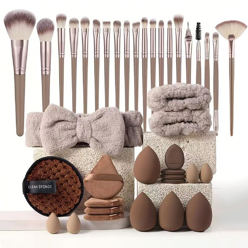 40-Piece Ultimate Beauty Tool Kit for Face Cleansing and Makeup(Brown)