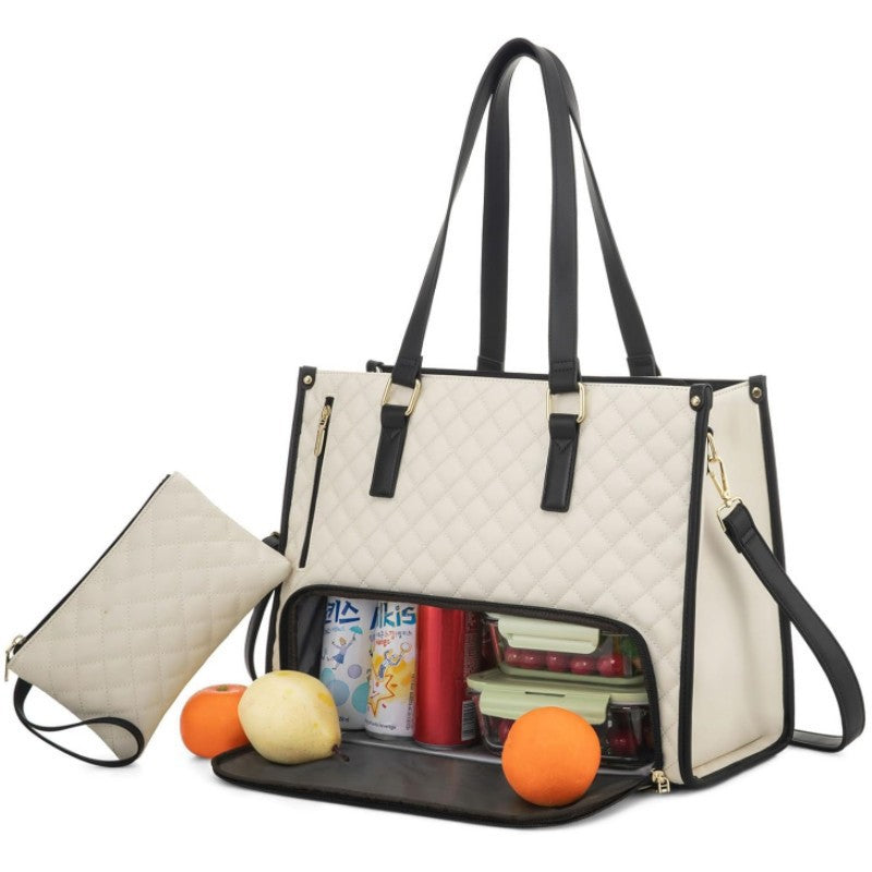Stylish Quilted Laptop & Lunch Tote Bag , Water-Resistant with Insulated Compartment & Clutch(Beige)