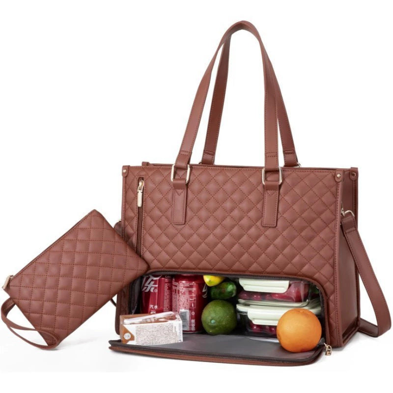 Stylish Quilted Laptop & Lunch Tote Bag , Water-Resistant with Insulated Compartment & Clutch(Brown)