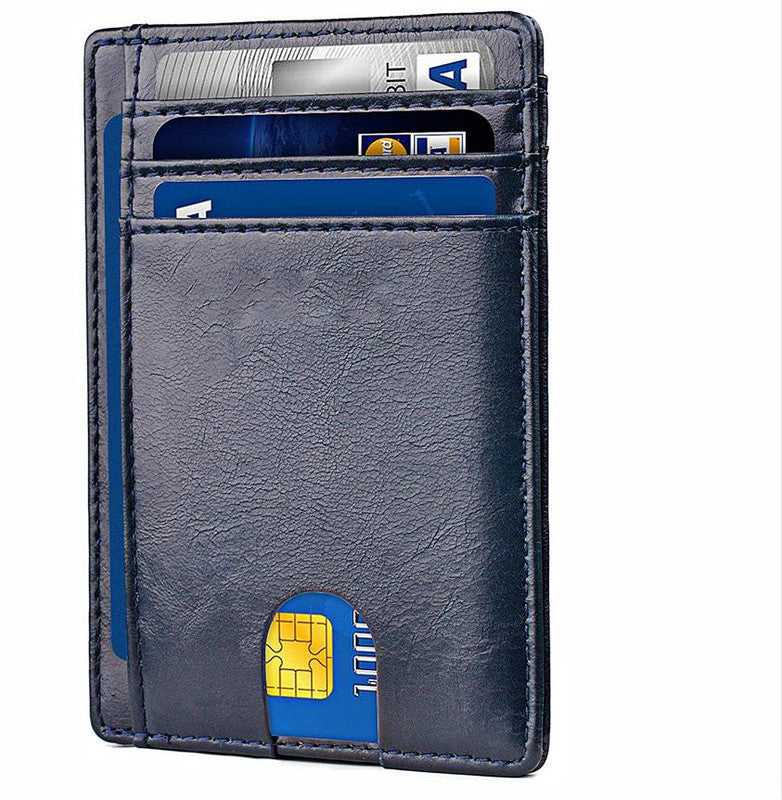 Slim Minimalist Leather Wallet with ID Window & RFID Blocking - Holds 12 Cards & Cash(Navy blue)
