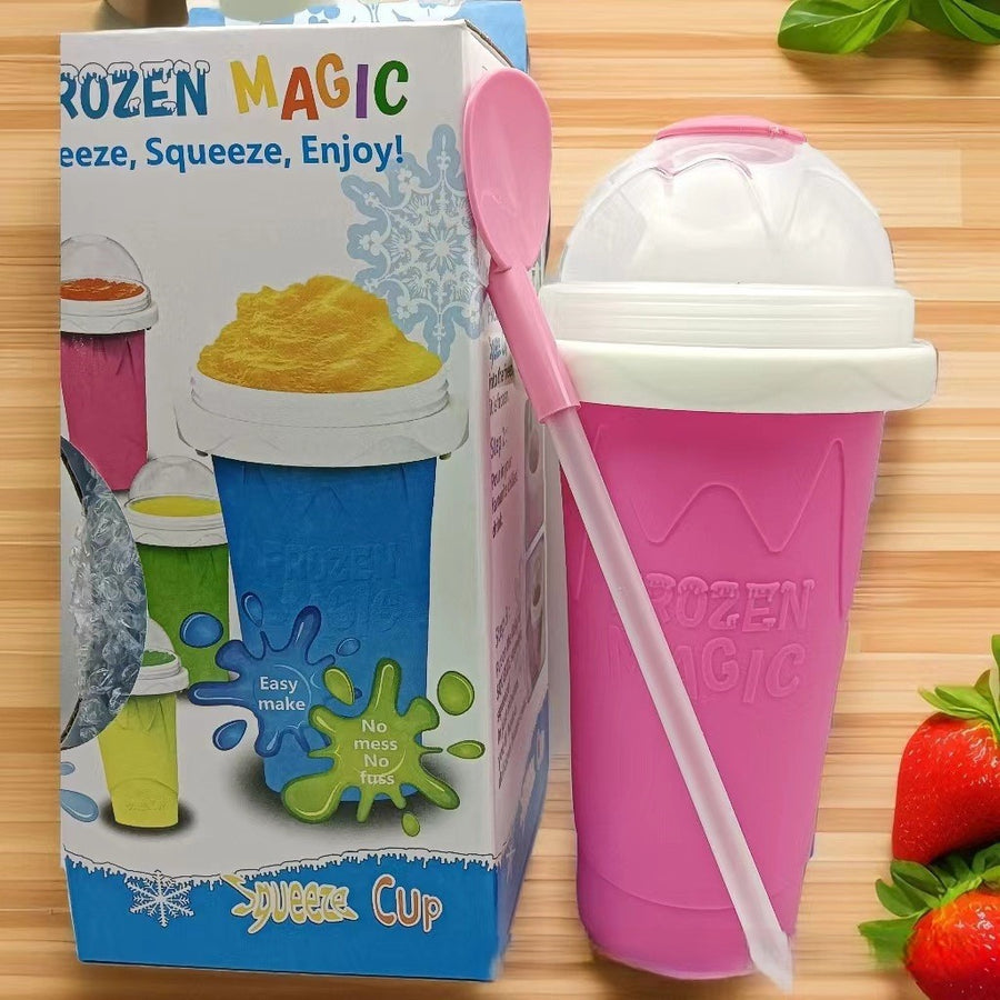 DIY Frozen Magic Slushy Maker Cup - Quick Squeeze Smoothie Cup with Lid & Straw/Spoon(Rose Red)