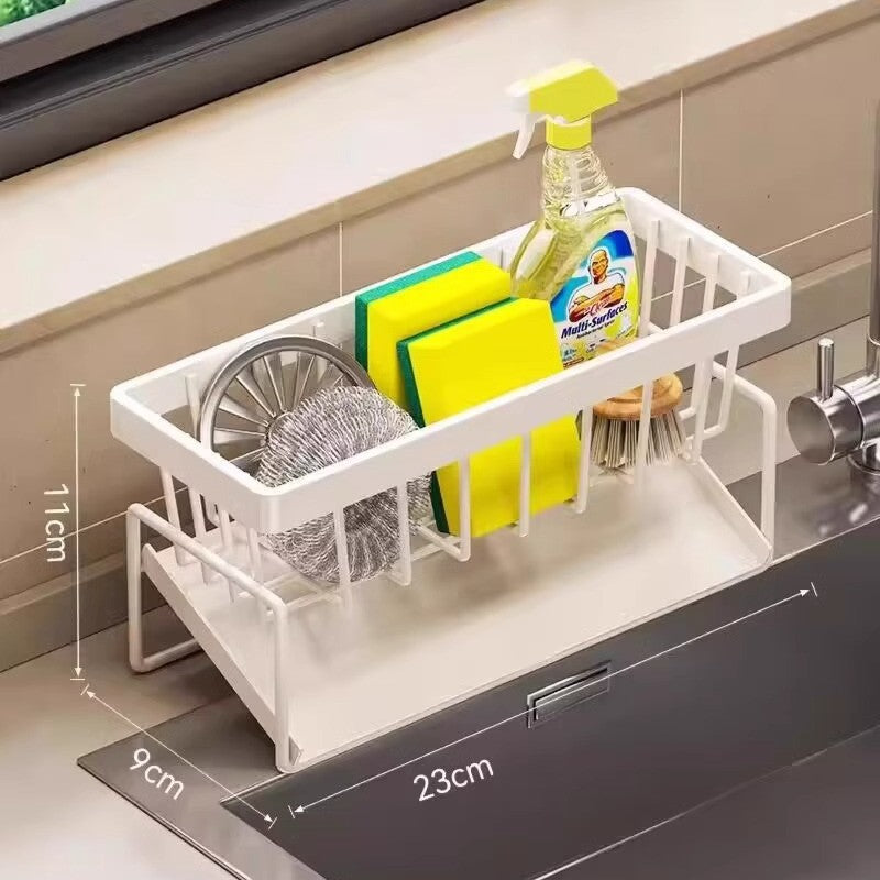 Kitchen Sink Caddy Organizer with Towel Bar & Drain Tray - Durable Metal Sponge Holder(White)