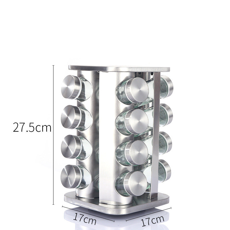 Modern stainless steel rounded corner rotating spice rack with 16 empty glass jars (88 ml each)