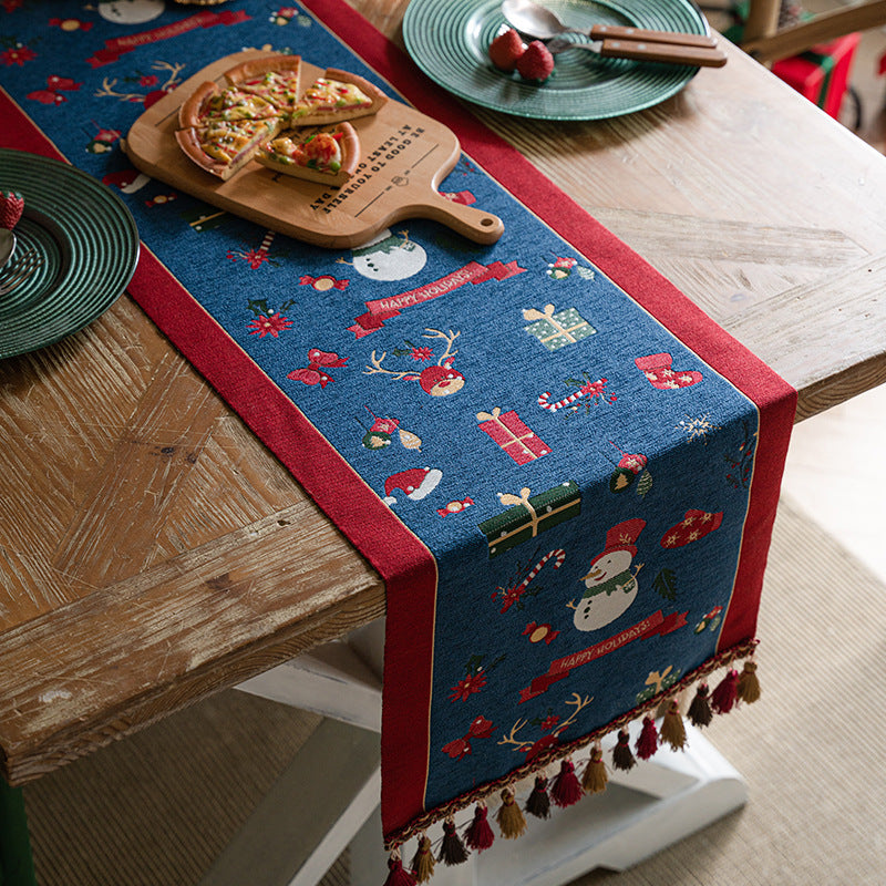 Blue Christmas Festive Table Runner - Blue with Snowman, Reindeer and Happy Holidays (35*200cm)