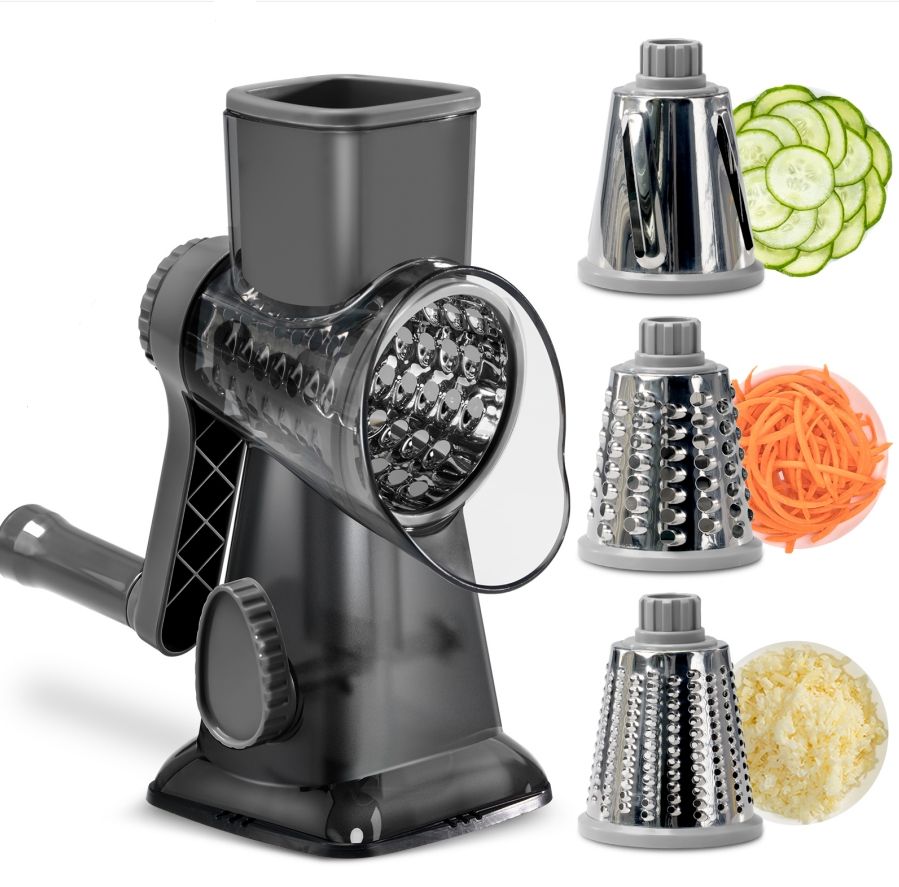 Grey Rotary Cheese Grater & Vegetable Slicer - Manual Shredder with 3 Interchangeable Drums