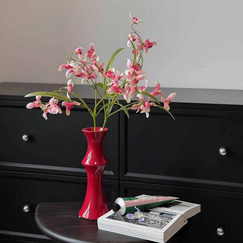 Glossy Red Ceramic Vase - Unique Bamboo-Look Design (20x8x5.5cm)