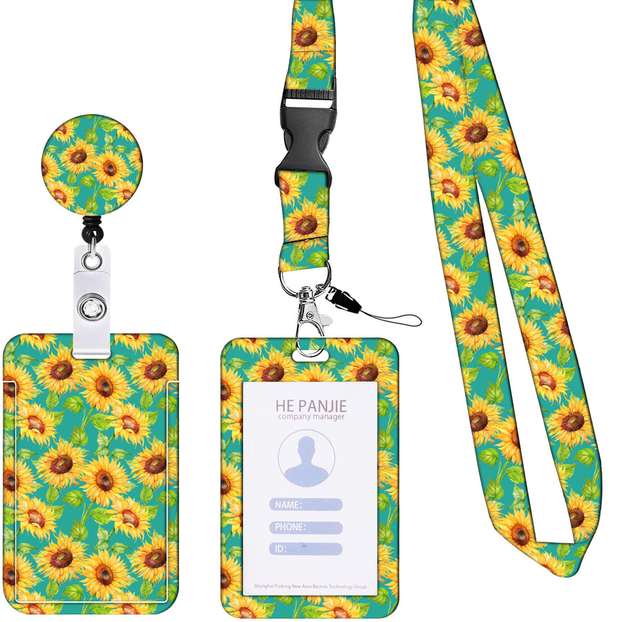 2-pcs Retractable ID Badge Reel Lanyard Set with Vertical Hard Plastic Card Holder - Green sunflowers (Style 2)