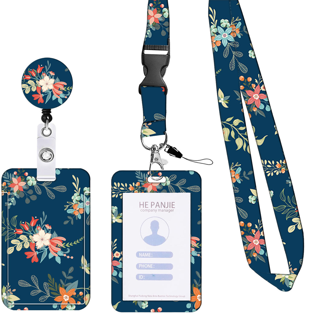 2-pcs Retractable ID Badge Reel Lanyard Set with Vertical Hard Plastic Card Holder - Blue flowers and plants (Style 4)
