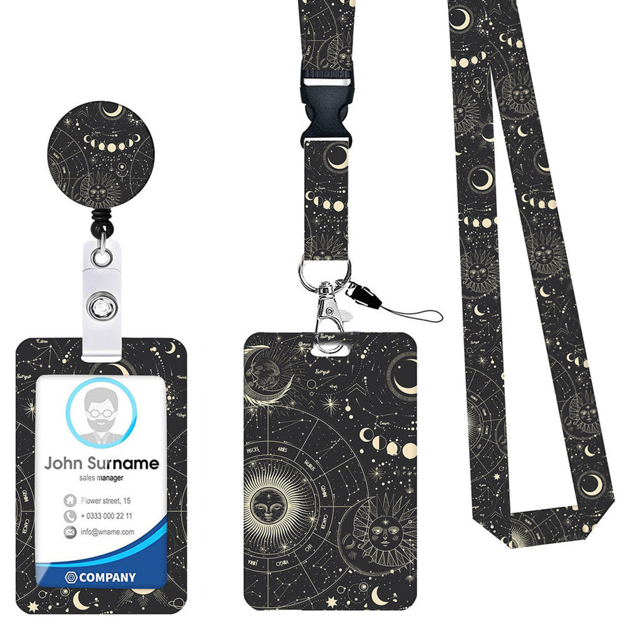 2-pcs Retractable ID Badge Reel Lanyard Set with Vertical Hard Plastic Card Holder - Black starry sky (Style 7)
