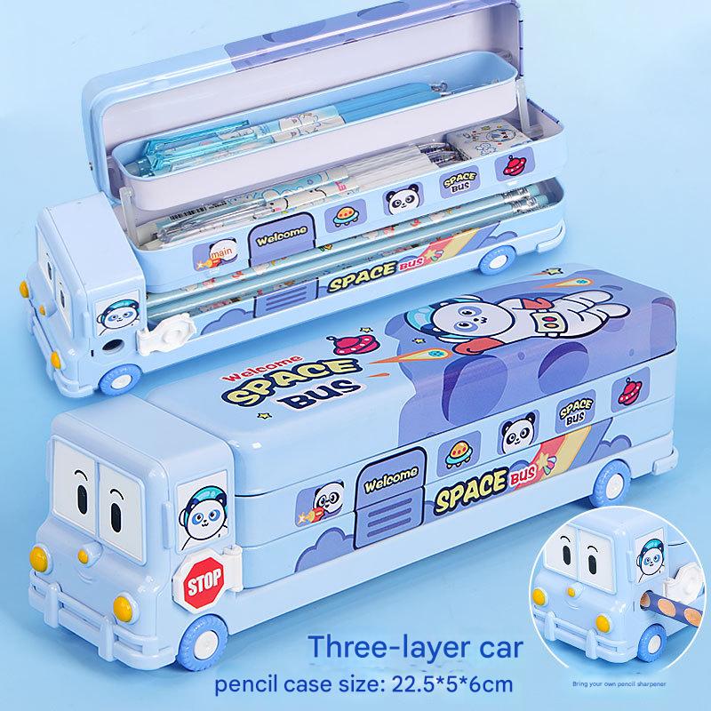 2-pcs Blue Fun School Bus Pencil Box with Built-in Sharpener - 3 Layer Large Capacity Stationery Box for Kids
