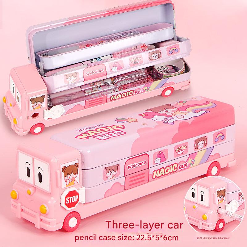 2-pcs Pink Fun School Bus Pencil Box with Built-in Sharpener - 3 Layer Large Capacity Stationery Box for Kids