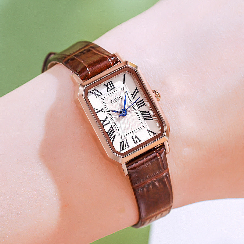 Rose gold shell, white plate and coffee strap Ladies Quartz Watch - Classic Rectangular, Leather Band