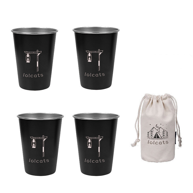 Black 304 Stainless Steel Camping Cup - 350ml Outdoor Drinkwareï¼ˆSet of 4 with Bagï¼‰