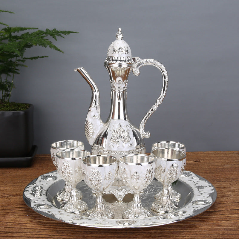 Vintage Palace Style Liquor Serving Set - Metal Pot, 6 Cups & Tray (Silver)