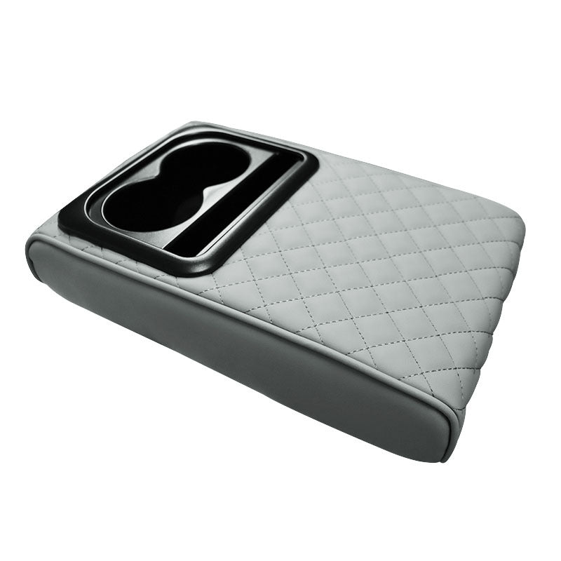 Gray Auto Center Console Armrest Riser Pad with Dual Cup Holders - PU Leather