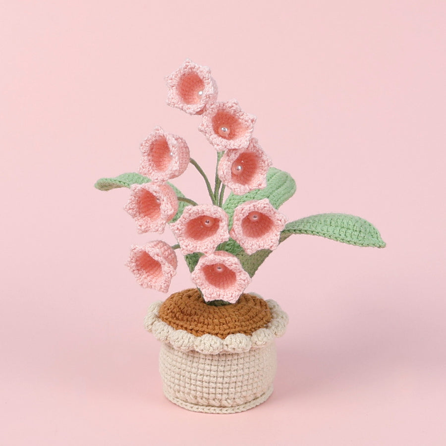 Handmade Crochet Lily of the Valley Potted Plant - Everlasting Crochet Flower Arrangement (9 heads pink)