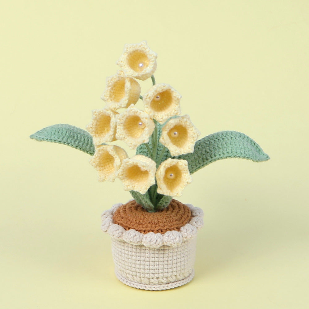 Handmade Crochet Lily of the Valley Potted Plant - Everlasting Crochet Flower Arrangement (9 heads Yellow)