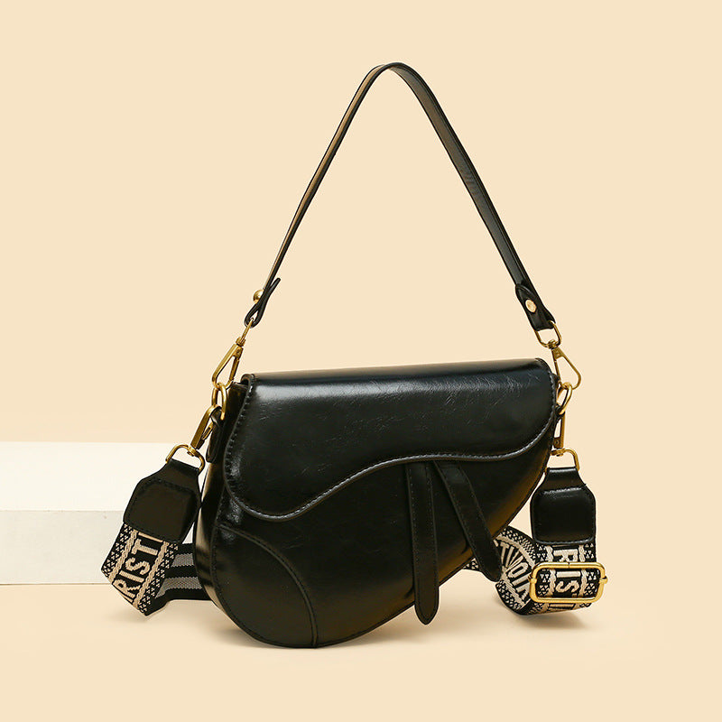 Black Chic Saddle Crossbody Bag with Wide Guitar Strap - PU Leather