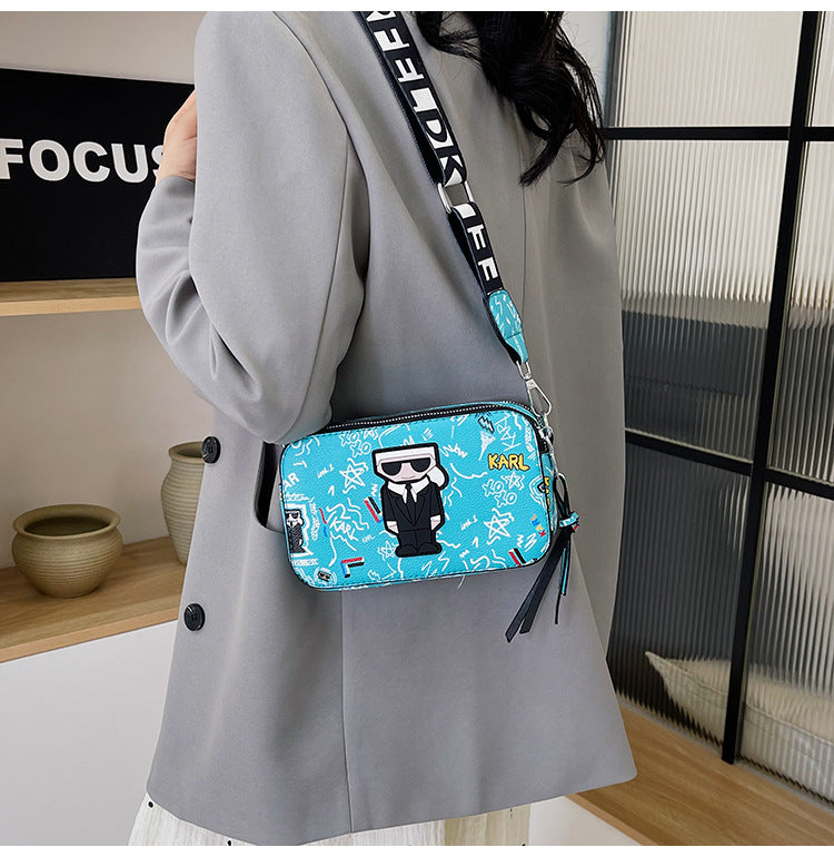 Blue Unique Doodle Print PU Leather Bag - Lightweight Crossbody with Character