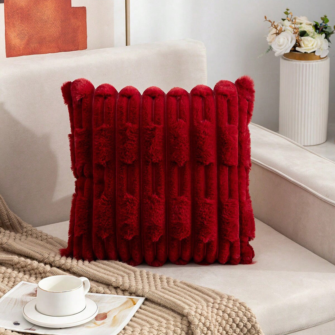 A pair of Red Plush Faux Rabbit Fur Throw Pillow Cover - Textured Wheat Ear Design (45x45cm)