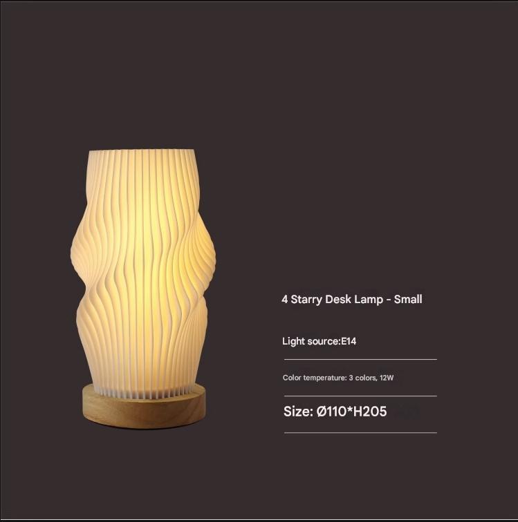 Unique Pleated Design Table Lamp - 3D Printed Washable Shade, Wooden Base, Adjustable LED (Four-star rotation)