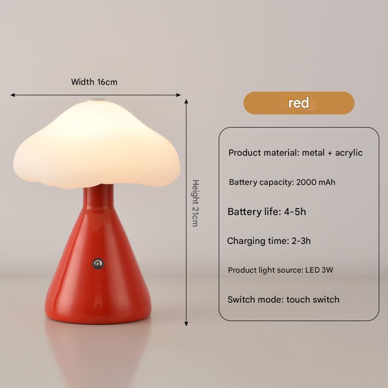 Red Mushroom LED Table Lamp - Rechargeable, 3-Color Touch Dimmable, USB-C