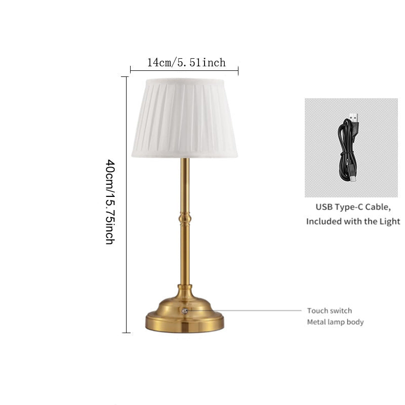 Gold and White Elegant Rechargeable Fabric Shade LED Lamp - Cordless Touch Stepless Dimmable Table Light