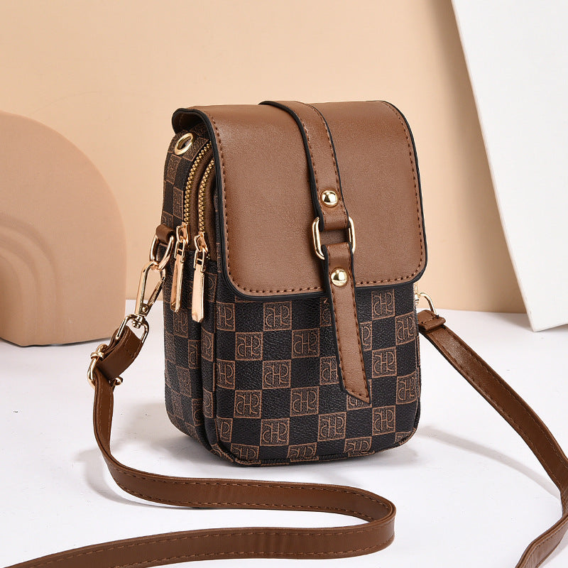 Brown and Black Chic Checkered Mini Crossbody Phone Purse - PU Leather Vertical Shoulder Bag with Headphone Port