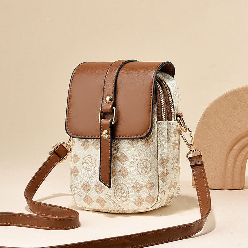 Brown and Beige Chic Diamond Mini Crossbody Phone Purse - PU Leather Vertical Shoulder Bag with Headphone Port