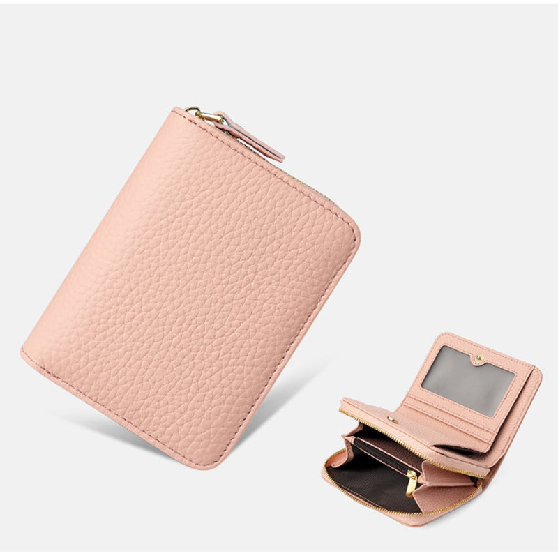 Pink Compact RFID Genuine Leather Wallet for Women - Secure Zipper Card Holder & Coin Purse