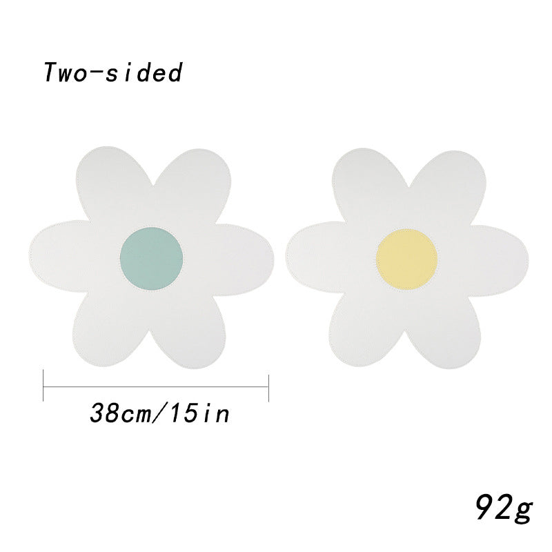 White Background With Blue Heart + Yellow Heart Set of 6 Reversible Flower Shaped Placemats - Waterproof PU Leather Dining Table Mats