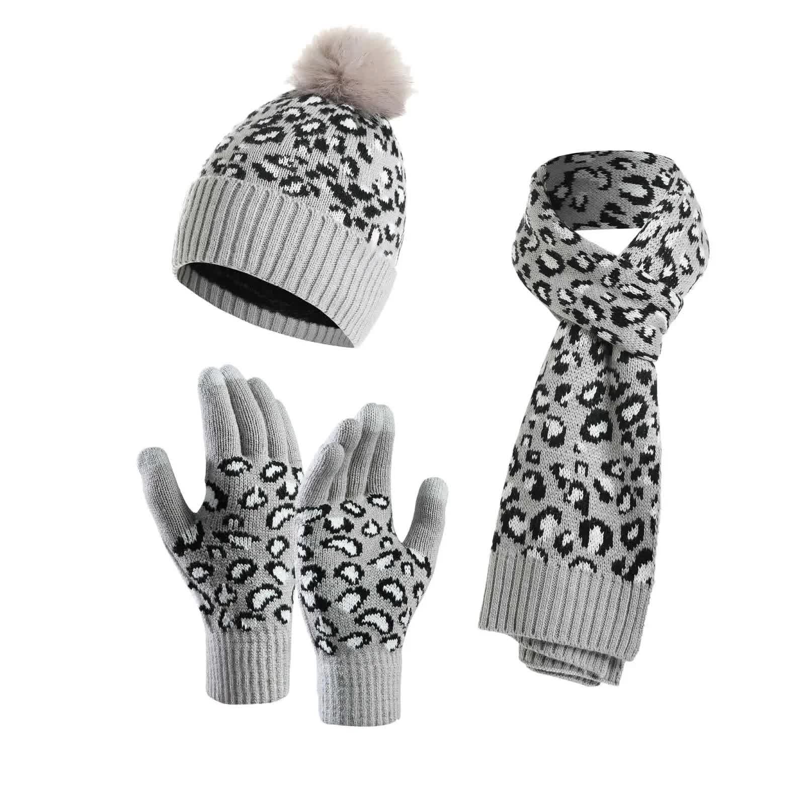 Light Grey Women's 3-Piece Winter Knit Set - Leopard Print Plush Lined Beanie Hat, Scarf & Touchscreen Gloves