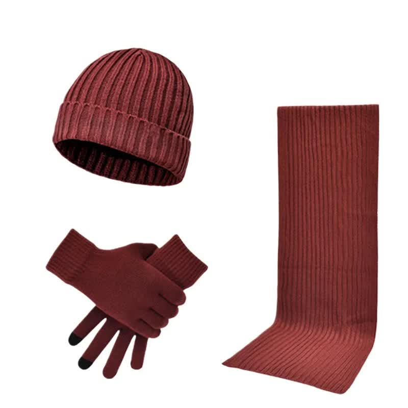 Wine Red Men's 3-Piece Winter Warm Ribbed Knit Beanie Hat Scarf and Gloves Set